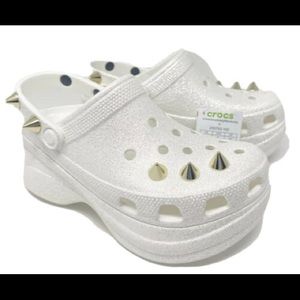 NEW Crocs Classic Bae Glitter Stud Women’s Wedge Clogs Shoes White Size 7